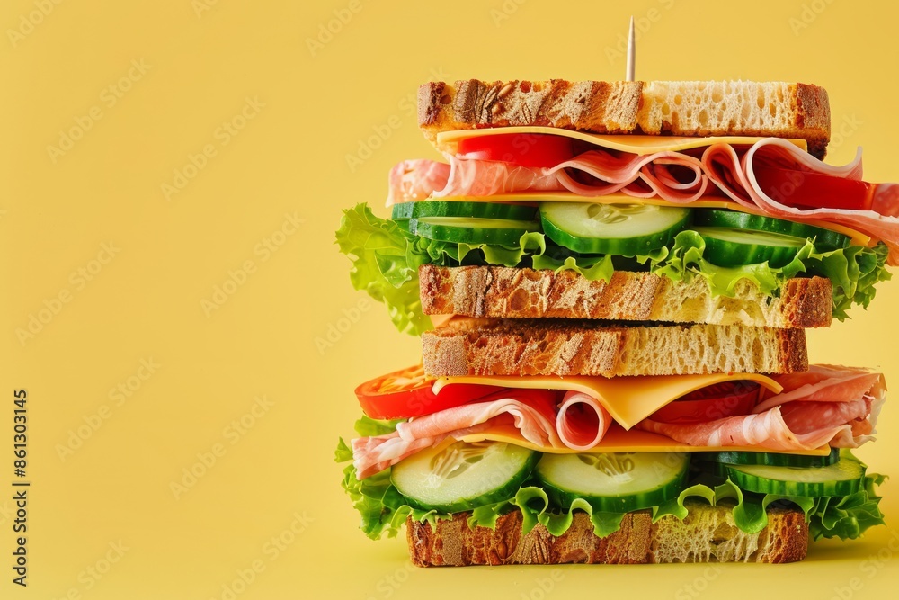 Wall mural Close up of tall whole tasty sandwich with cheese, ham, prosciutto, fresh lettuce, tomatoes, cucumbers on pastel yellow background. Healthy gourmet sandwich for breakfast or lunch. Space for text - Wall murals
