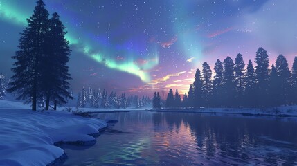 The Northern Lights shine brightly over a snowy, forested landscape.