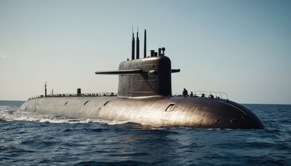 A powerful submarine glides through the open ocean, showcasing advanced naval engineering