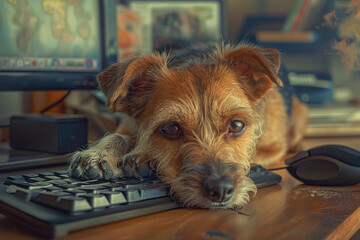 Yorkshire terrier lying on the keyboard trying to rest after hard day at work. Work like a dog day on August 5