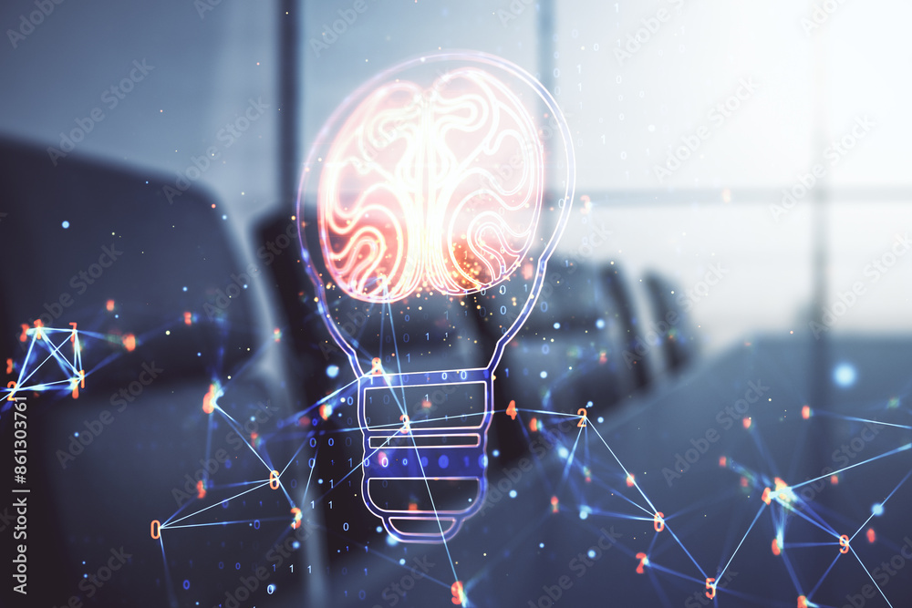 Poster abstract virtual creative light bulb with human brain hologram on a modern boardroom background, art