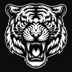 Fototapeta premium Dark Art Vicious Beast Tiger Head Black and White Illustration