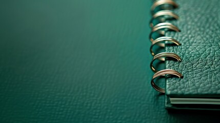 Close-up of a green, leather bound journal with gold rings.
