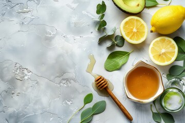 Cosmetic cream with natural organic ingredients avocado, honey, lemon and eucalyptus on white stone background, cosmetics and organic skin care for face and body care product, space for text.