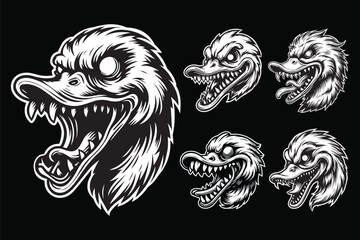 Obraz premium Dark Art Angry Scary Duck Head with Sharp Teeth Black and White Illustration