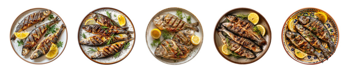 collection plate of tasty grilled fish isolated on a transparent background, top view, cut out, PNG