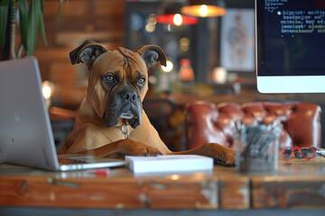 Dog sitting in front of a computer, pet acts like a human. August 5 Work like a dog day