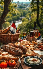A picturesque picnic scene with a spread of French bread, cheese, and wine, set against a backdrop of lush greenery and a winding river.
