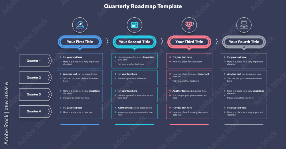 Poster modern infographic digram for quarterly roadmap with four sections - dark version. flat infographic 