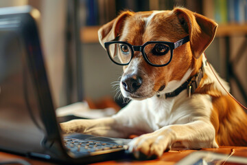Cute dog in glasses working on laptop. August 5 - Work Like A Dog Day