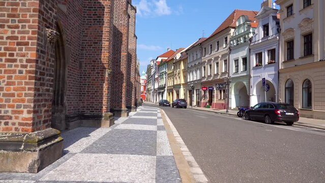 HRADEC KRALOVE, CZECH REPUBLIC - JUNE 13 2019: Cathedral of Holy Spirit is principal church of Diocese and also seat of current bishop of Diocese Jan Vokal. It is late Gothic brick basilica.