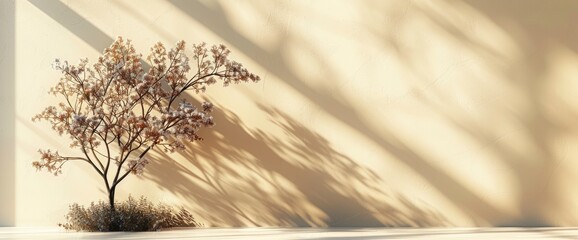 Beige Background With Plant Shadow, Tree, Nature Wall, Light Floor, And Abstract Branch, Creating A Minimalistic And Elegant Scene