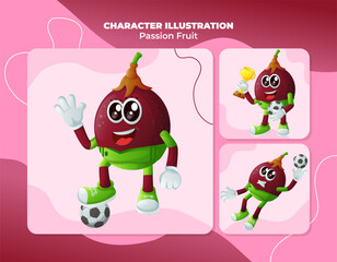 Cute passion fruit characters playing soccer