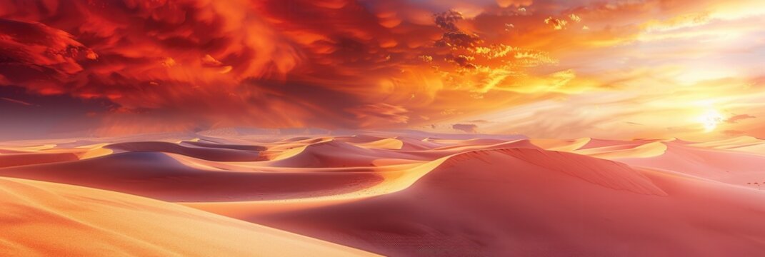 Fiery sunset illuminates vast sand dunes, casting golden glow over desert landscape. Sky ablaze with warm colors, perfect for adventure tours. Generative AI
