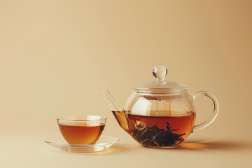 Freshly brewed organic black tea in transparent glass teapot and in glass clear teacup on beige background, selective focus. Tea with space for text