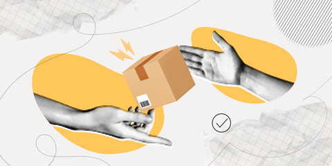 Trendy Halftone Collage Hand gives cardboard box. Parcel delivered by courier hand to hand. Mail service. Online shopping. Send order to customer. Contemporary vector illustration art