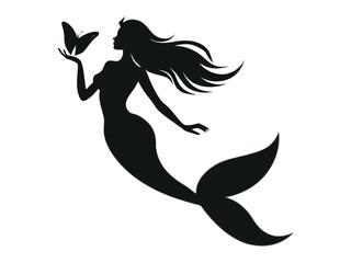 Fototapeta premium Black silhouette art depicts a mermaid and dolphin, a wild nature symbol