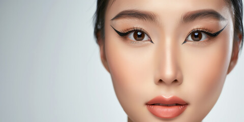 Fototapeta premium Portrait of a woman with flawless skin, bold winged eyeliner, and soft peach lips. She gazes directly into the camera with a neutral, light background