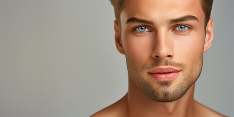 Close-up portrait of a young man with blue eyes, well-groomed facial hair, and smooth skin. He has short, styled hair and a slight smile, set against a light, neutral background