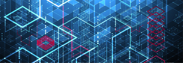 Isometric big data processing concept, cloud database. Abstract technology background. Vector illustration