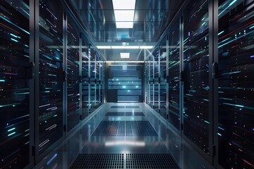 Futuristic server room showing seamless data transfer between on-premises infrastructure and cloud services, highlighting hybrid cloud connectivity for hybrid workloads.