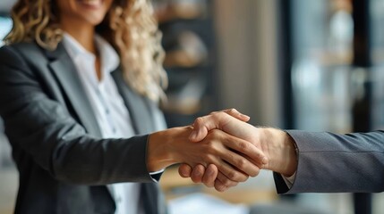 This image shows a firm handshake between two business professionals, suggesting a successful agreement or partnership. They are dressed in formal business attire.