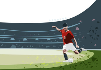 Soccer, football player kicks ball in football stadium, flat design vector illustration