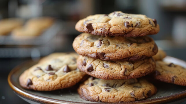 Close-up of a stack of freshly baked chocolate chip cookies on a plate, showcasing their delicious texture and flavor.