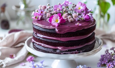 Naklejka premium purple frosted chocolate cake, Generative AI