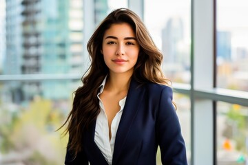 Fototapeta premium Portrait of a confident businesswoman in a modern office setting with cityscape in the background.