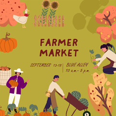 Fototapeta premium Harvest festival square colorful poster , advertisement of seasonal agricultural event, local market, local eco products. Place for text.