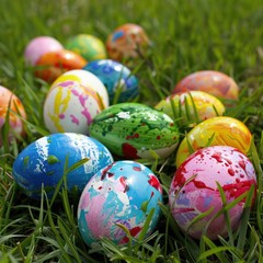 Fototapeta premium Colorful Hand-Painted Easter Eggs on Green Grass in Springtime Outdoor Setting