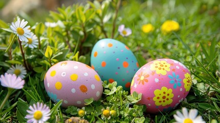 Fototapeta premium Colorful Easter Eggs in a Spring Meadow with Daisies and Green Grass