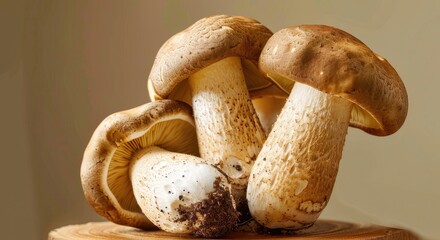 Fresh Porcini Mushrooms on Wooden Surface with Natural Background in Rustic Setting