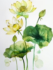 alcohol ink painting of lotus , long stem with green leaves, white background, detailed, realistic 