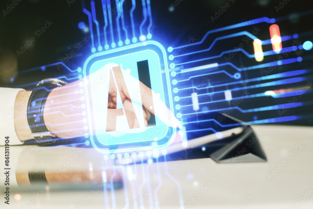 Poster double exposure of creative artificial intelligence icon with finger clicks on a digital tablet on b