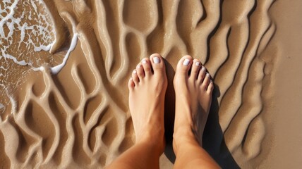 Woman's toes on the beach. Top view. Generative ai.
