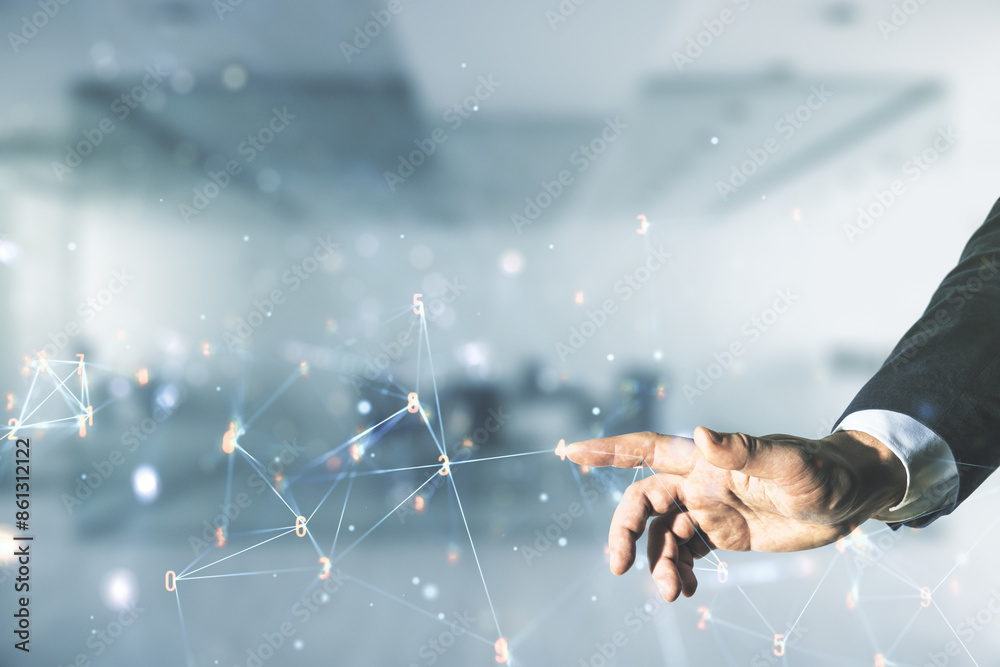 Aufkleber man hand presses on abstract virtual wireless technology hologram on blurred office background. big 
