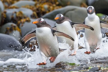 Fototapeta premium Gentoo penguins arriving to their home colony