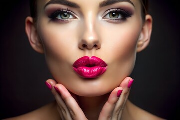 Fototapeta premium Woman with pink lips blowing kiss, closeup