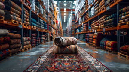 Rolled handmade Persian carpets on shelf in souvenir store