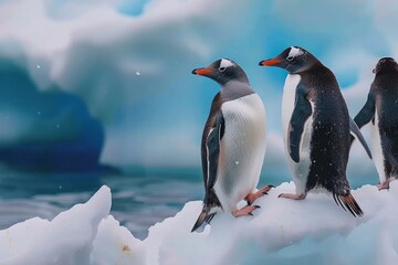 Fototapeta premium Gentoo penguins hang out on small iceberg