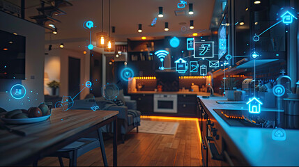 Seamless Integration of Smart Home Devices Showcasing the Power of the Internet of Things. Visually Stunning Image of a Connected Home with AI-Enhanced Appliances like Smart Refrigerators, Coffee Make