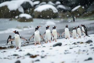 Obraz premium Gentoo penguins waddle along the snow covered beach