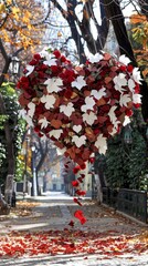 Heart shaped foliage decor hanging on a tree in an autumn street, representing love and nature, vibrant outdoor photography