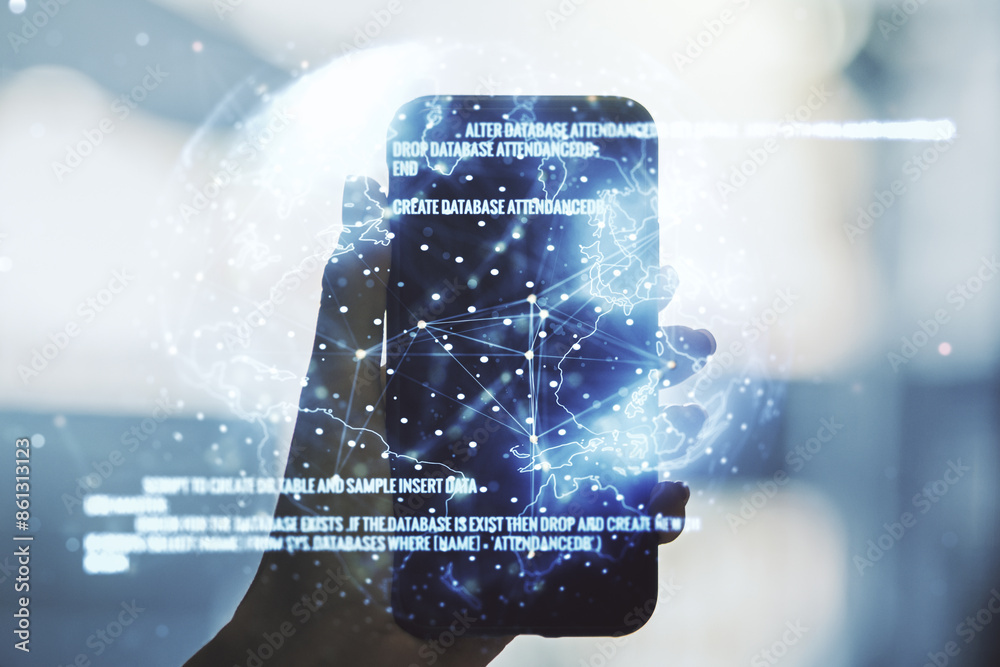 Aufkleber double exposure of abstract creative programming illustration with world map and hand with cellphone
