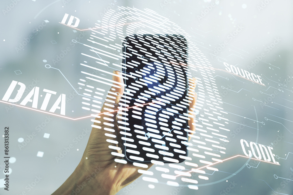 Leinwandbilder multi exposure of abstract fingerprint scan interface and hand with cellphone on background, digital