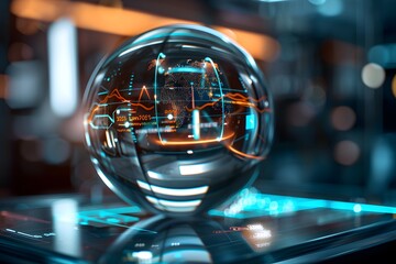 Visual representation of predictive analytics in CRM, featuring a crystal ball with dynamic data flows, forecasting customer behavior and trends.