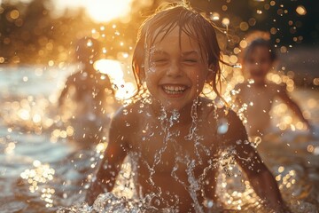 Fototapeta premium A joyful child splashes in water, bathed in golden sunlight, with friends playing in the background, capturing the essence of carefree childhood and outdoor fun.