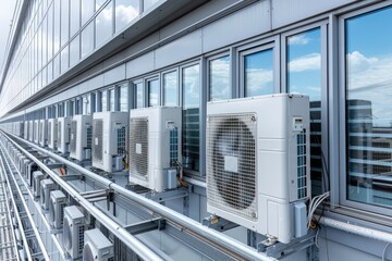 Naklejka premium A photograph illustrating a line of air conditioning units mounted on the side of a large building, reflecting modern city infrastructure and the necessity of climate control in dense areas.
